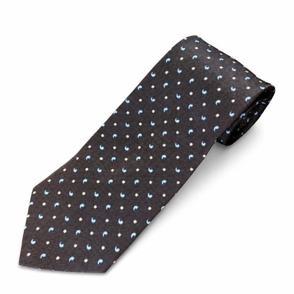 George Silk Tie Mens Dark Brown Light Blue Micro Dot Paisley Geometric Pattern